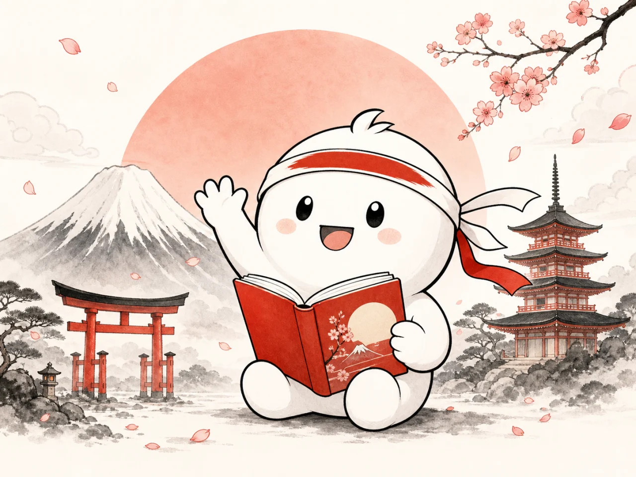 The NihonFlow mascot with a Japanese book, cherry blossoms, and Mount Fuji